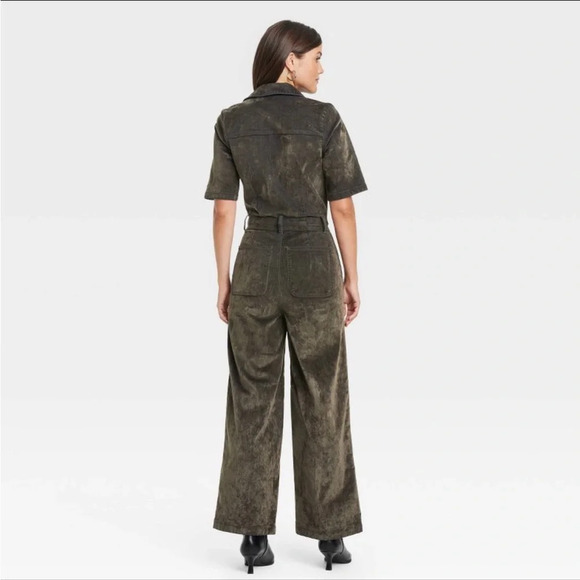 NWT Women's Holiday Short Sleeve Flocked
Denim Jumpsuit - Universal Thread Olive - Picture 2 of 4